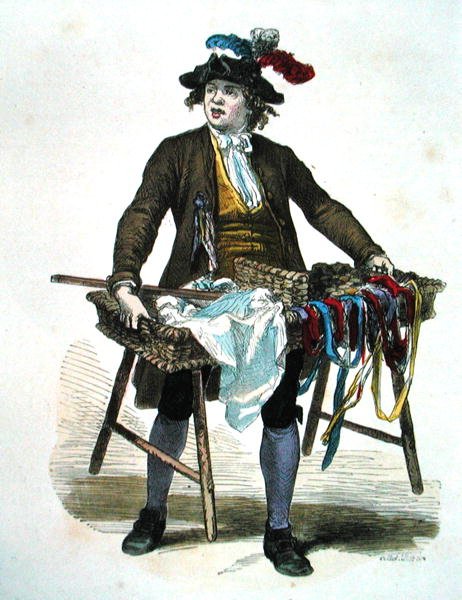 Vendedor de fitas em 1774 (gravação a cores) de Burn (fl.1840 60) Smeeton