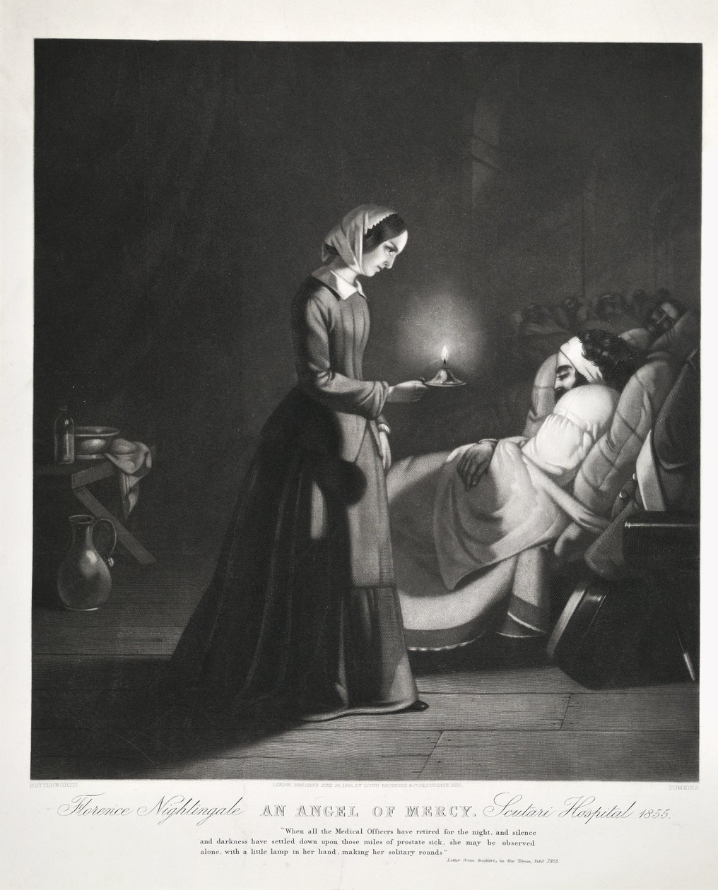 Florence Nightingale, An Angel of Mercy, Hospital Scutari, gravado por Tomkins, 1855 de Butterworth