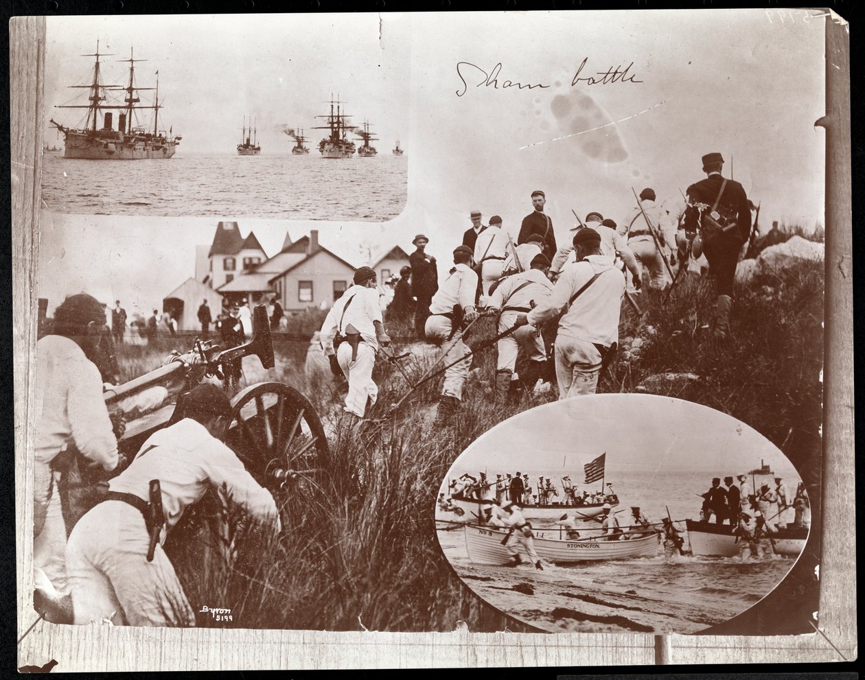 Fotocópia de uma fotomontagem anterior de três imagens das Reservas Navais na Ilha dos Pescadores, 1891 (impressão fotográfica) de Byron Company