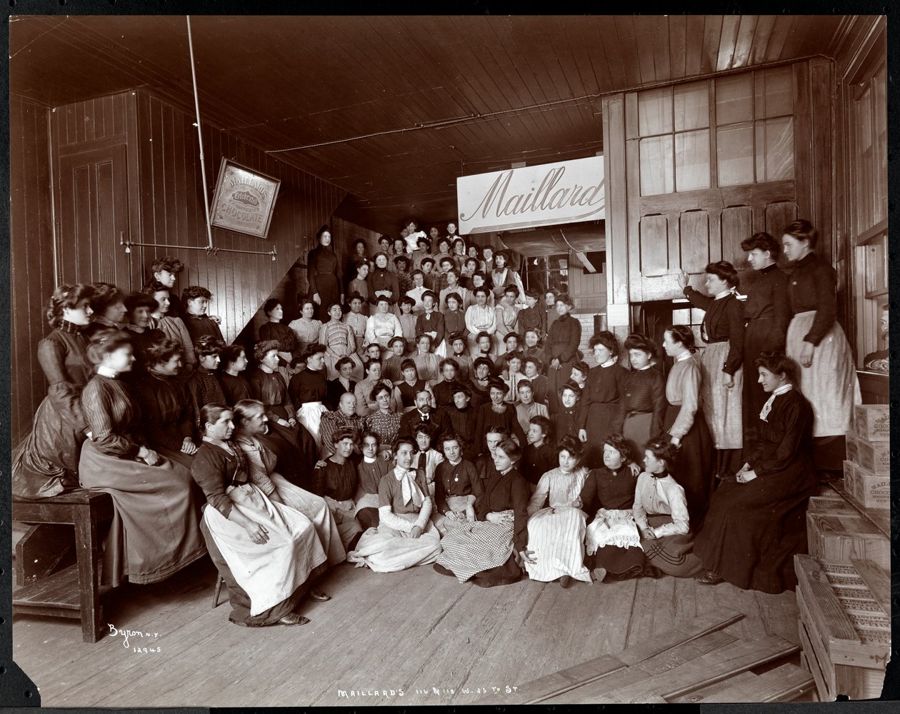 Retrato de grupo de funcionárias com um homem, presumivelmente o Sr. Maillard, na Maillard&39;s Chocolate Manufacturers, 116-118 West 25th Street, Nova York, 1902 (impressão em gelatina de prata) de Byron Company