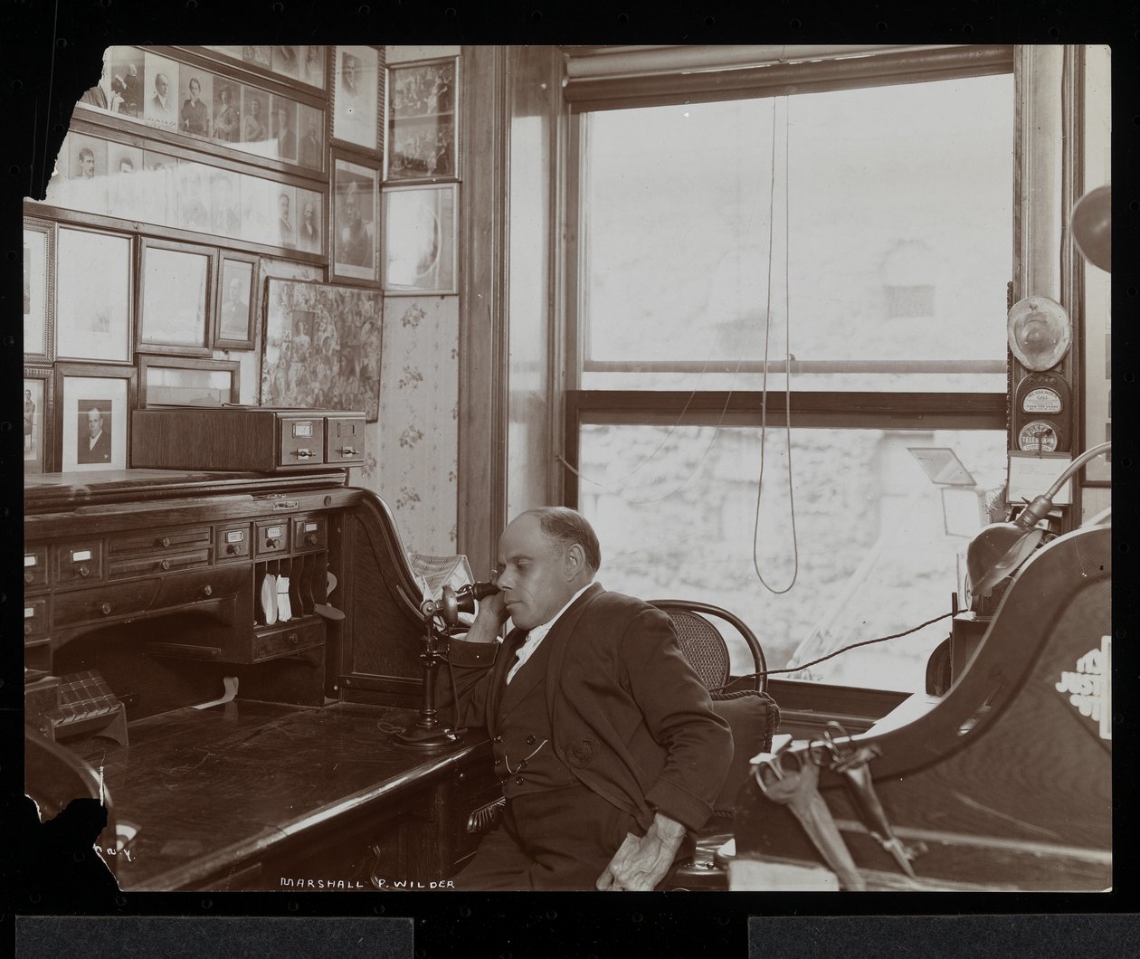 Marshall P. Wilder ao telefone em seu escritório, de 1898 a 1899 (impressão em gelatina de prata) de Byron Company