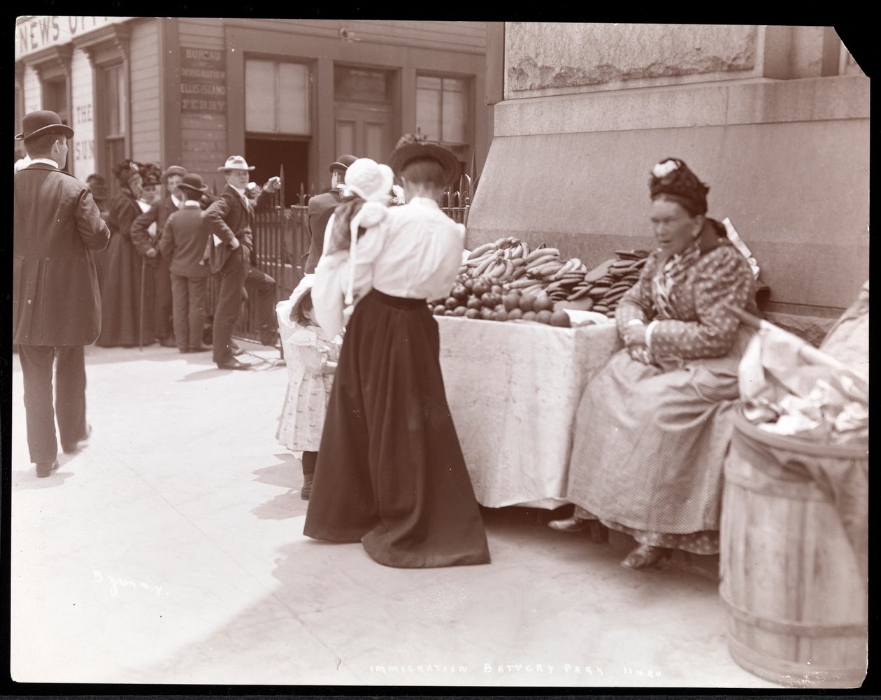 Vista de um vendedor ambulante de frutas em Battery Park, presumivelmente aguardando imigrantes de Ellis Island, Nova York, c.1901 (impressão de gelatina de prata) de Byron Company