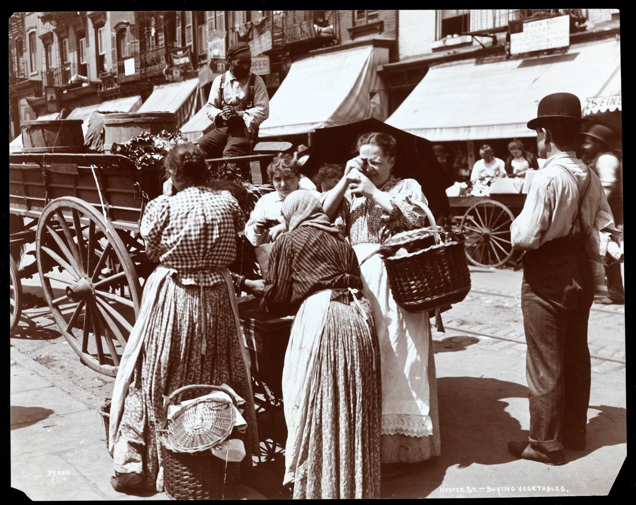 Vista, de, mulheres, comprando, legumes, e, inspecionando, ovos, de, um, mascate, ligado, hester, rua, nova iorque, 1898, (silver, gelatin, print) de Byron Company