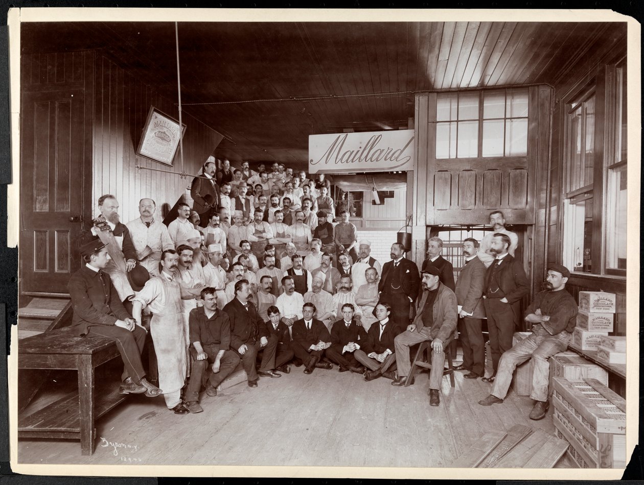 Retrato de grupo de empregados do sexo masculino, presumivelmente com o Sr. Maillard, na Maillard&39;s Chocolate Manufacturers, 116-118 West 25th Street, Nova York, 1902 (impressão em gelatina de prata) de Byron Company