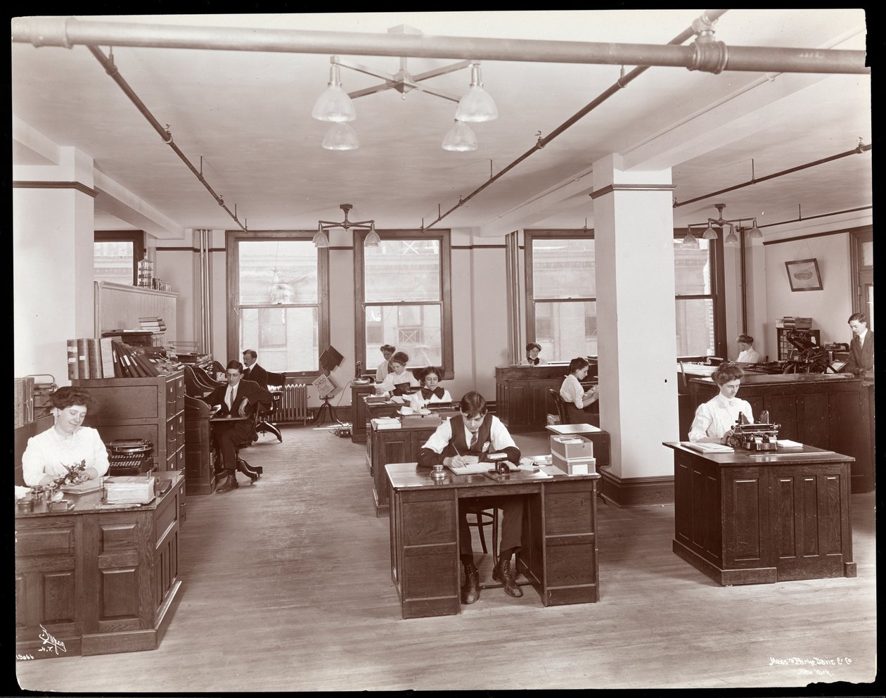 Homens e mulheres em um escritório aberto em Parke, Davis und Co., químicos, Hudson und Vestry Streets, Nova York, 1910 (impressão em gelatina de prata) de Byron Company