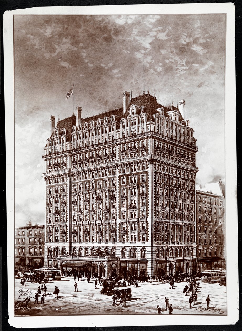Fotografia de um desenho do Hotel Knickerbocker, canto sudeste, 42nd Street e Broadway, Nova York, 1900, por Hughson Frederick Hawley (1850-1936), impresso em 1902 de Byron Company