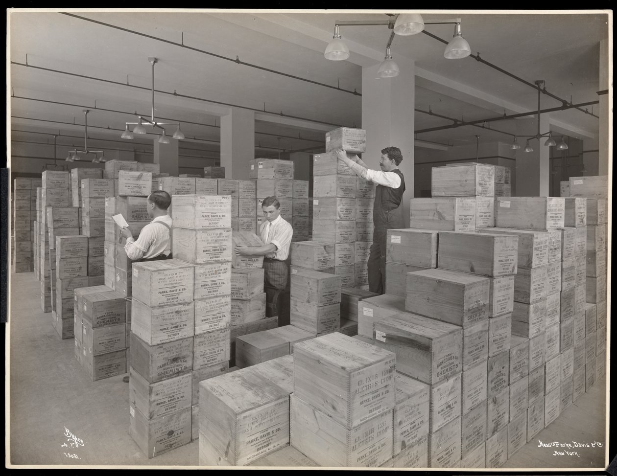 Vista, de, homens, em, a, despacho, quarto, em, Parke, Davis, und, Co., químicos, Hudson, und, Vestry, ruas, nova iorque, 1910, (silver, gelatin, print) de Byron Company