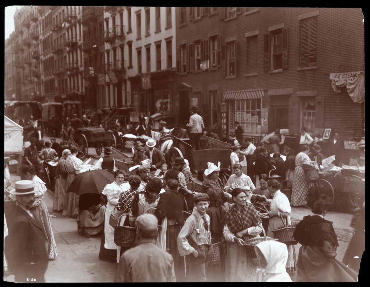 Vista da multidão e vendedores ambulantes em Hester Street, Nova York, 1899 (impressão de gelatina de prata) de Byron Company