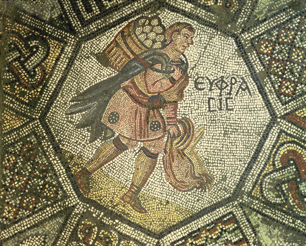Camponês, carregar, galinhas, e, um, cesta ovos, 5º-6º século, (mosaic) de Byzantine
