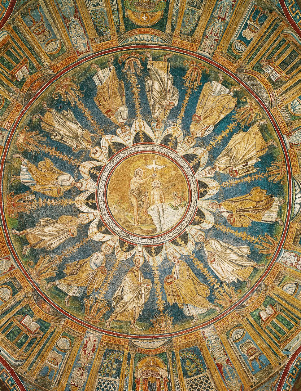 O batismo de Cristo rodeado pelos apóstolos, da abóbada da cúpula central (mosaico) de Byzantine