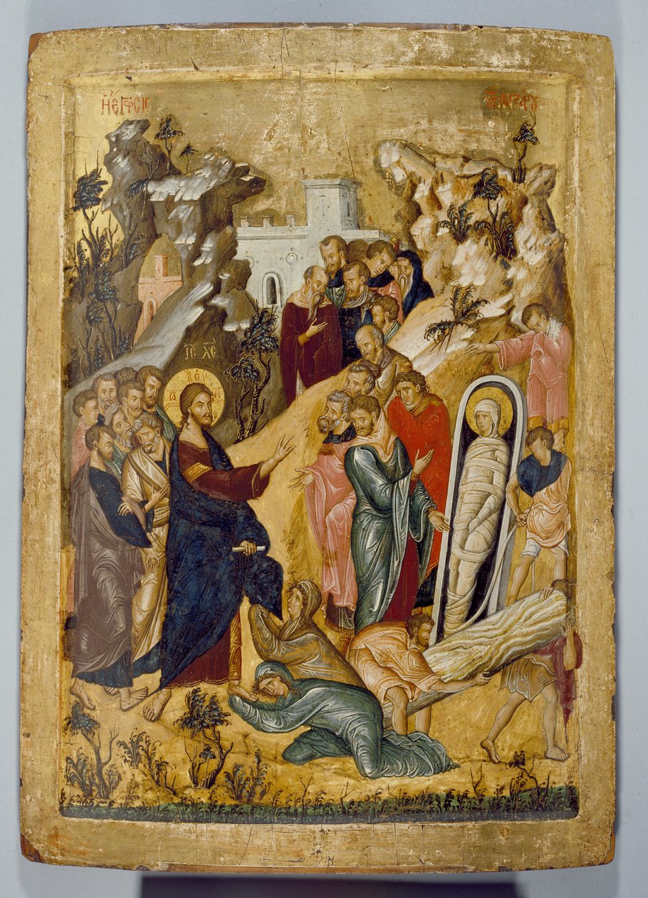 O levantamento de Lázaro, do século 14 (tempera e folha de ouro no painel) de Byzantine