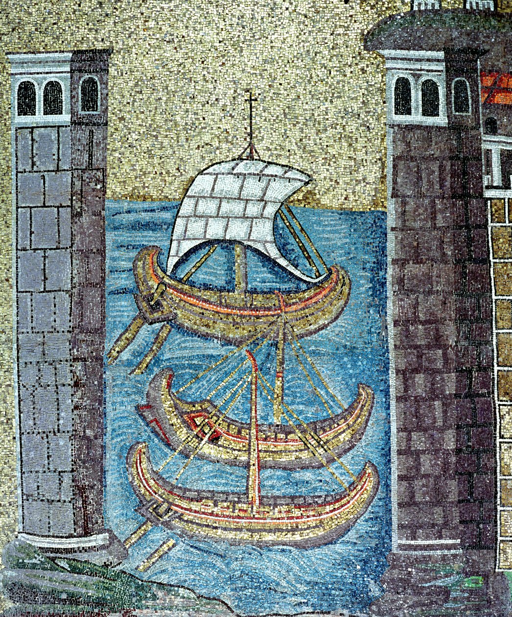 Três navios que entram no porto de Ravenna, detalhe da nave (mosaico) de Byzantine