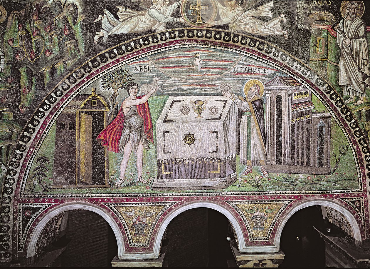 Abel oferecendo um cordeiro e Melchisedech oferecendo pão no Altar, lunette na parede sul da basílica (mosaico) de Byzantine School