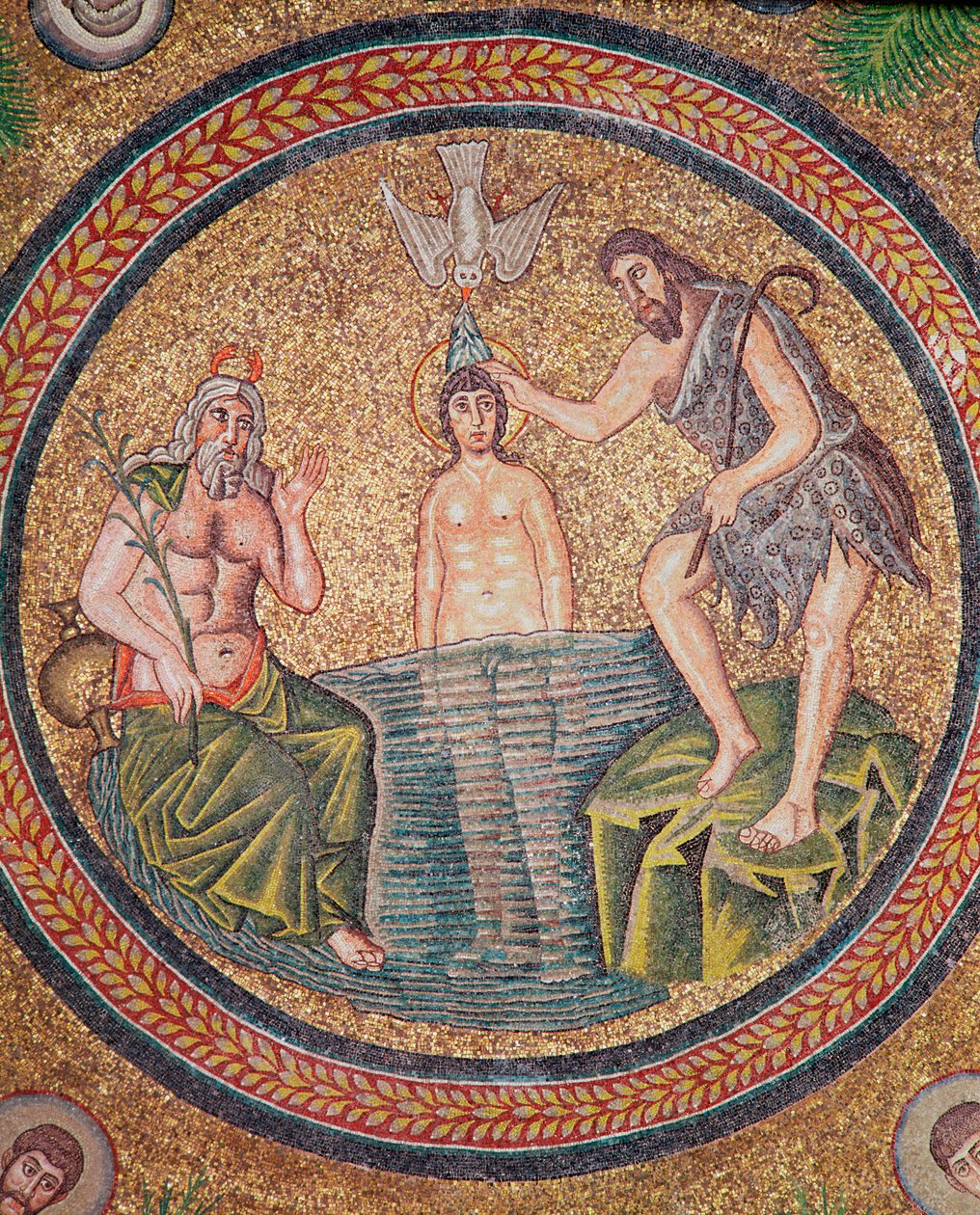 Batismo de Cristo por João Batista (mosaico) (detalhe de 244978) de Byzantine School