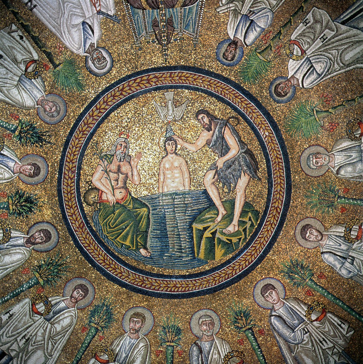 Batismo de Cristo, rodeado pelos Doze Apóstolos (mosaico) de Byzantine School
