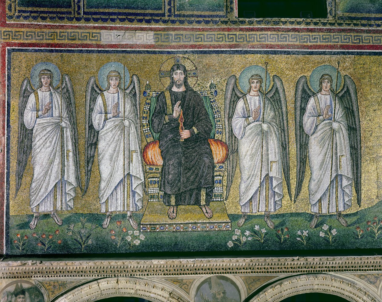 Cristo entronizado com os anjos (mosaico) de Byzantine School