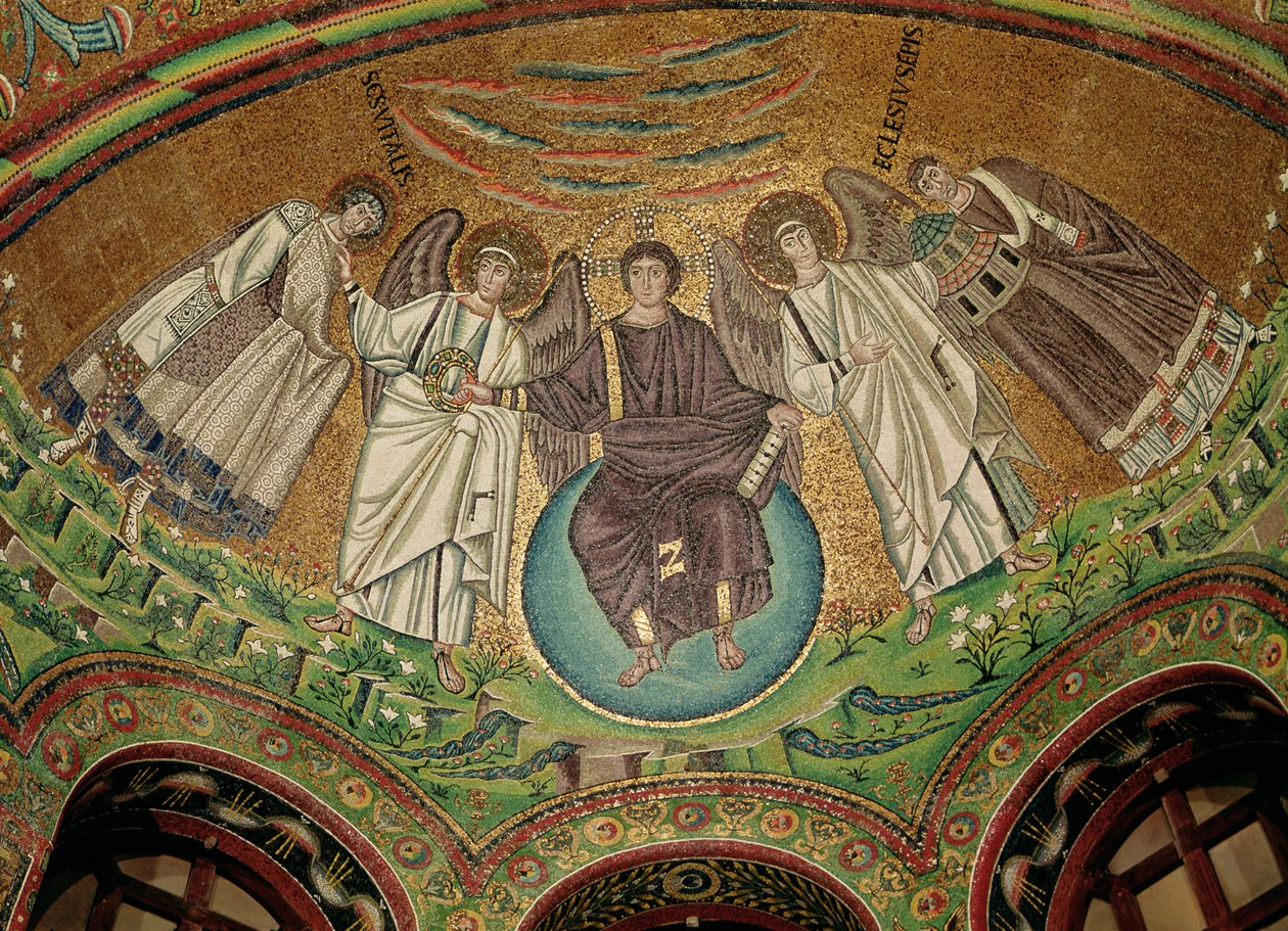 Cristo cercado por dois anjos, Santo Vitalis e Bispo Ecclesius, da abside (mosaico) de Byzantine School