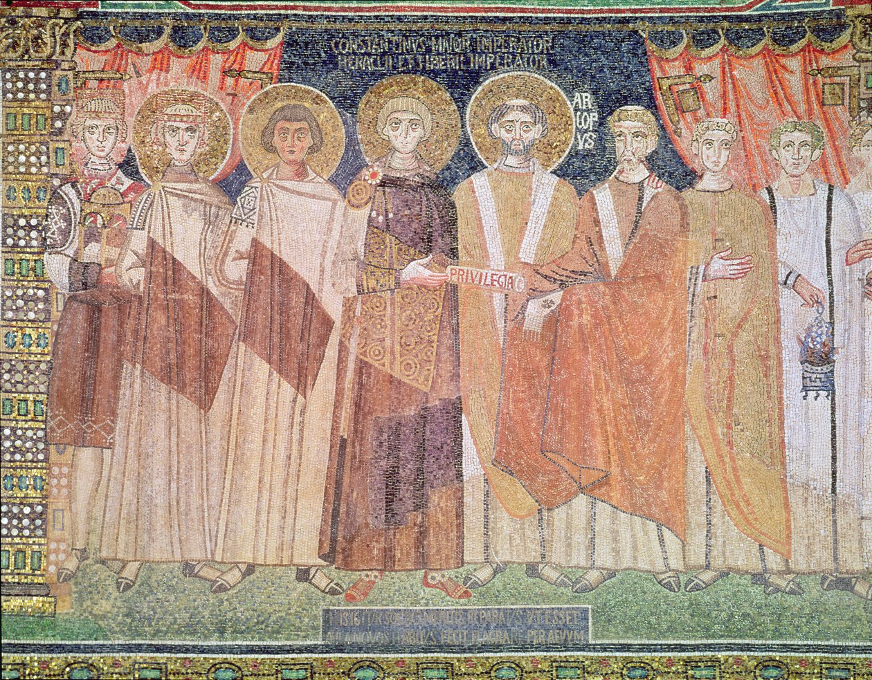 Constantino IV concedendo privilégios ao Bispo Reparatus para a igreja de Ravenna, 671-77 (mosaico) de Byzantine School