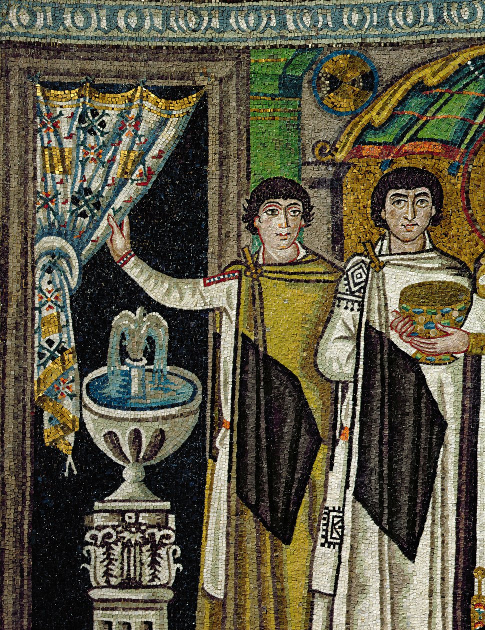 Cortesãos por uma fonte (mosaico) de Byzantine School