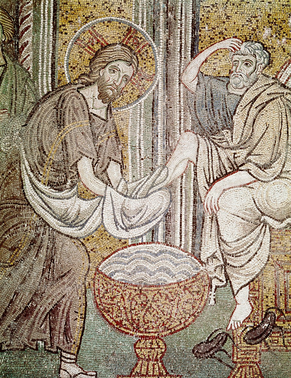 Jesus e São Pedro, detalhe de Jesus lavar os pés do apóstolo (mosaico) de Byzantine School