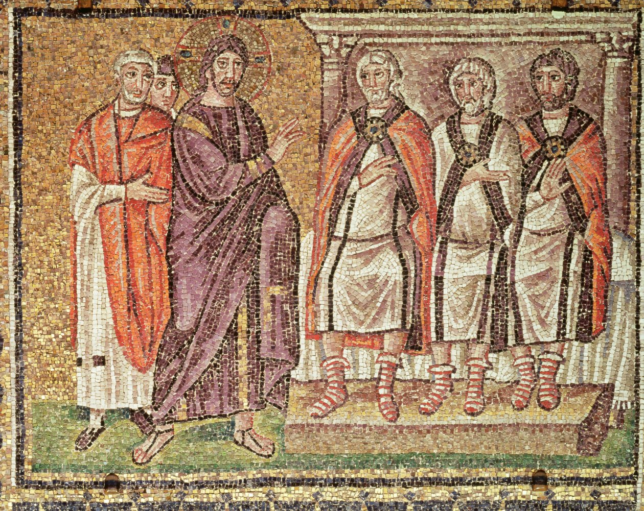 Jesus antes dos caifos, cenas da vida de Cristo (mosaico) de Byzantine School