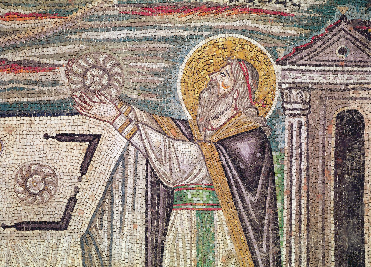 Melquisedeque oferece Pão no Altar, detalhe da luneta na parede Sul representando as oferendas de Abel e Melquisedeque (mosaico) de Byzantine School