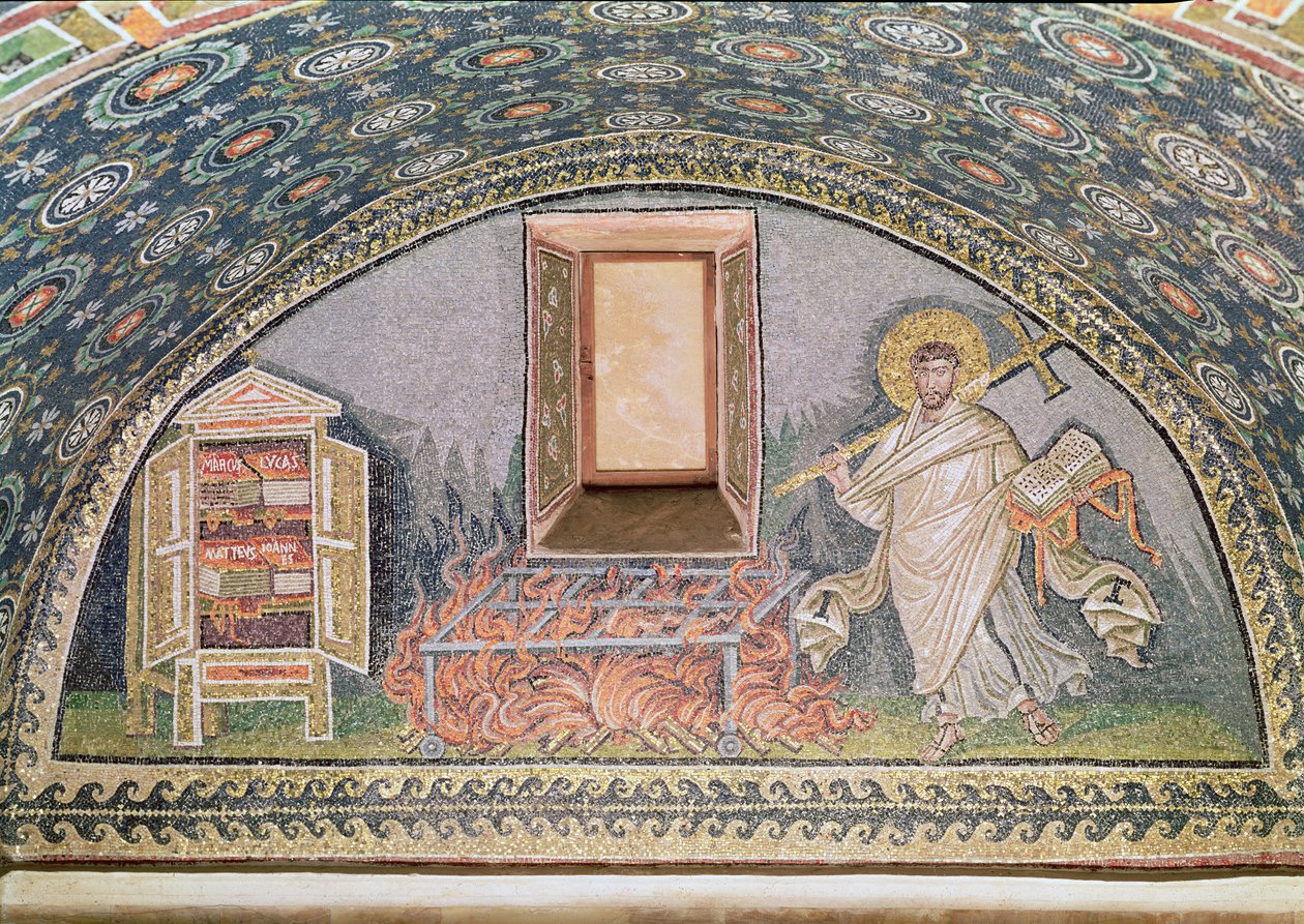 Provavelmente São Lourenço, martirizado em uma grade de ferro (mosaico) (detalhe de 182913) de Byzantine School