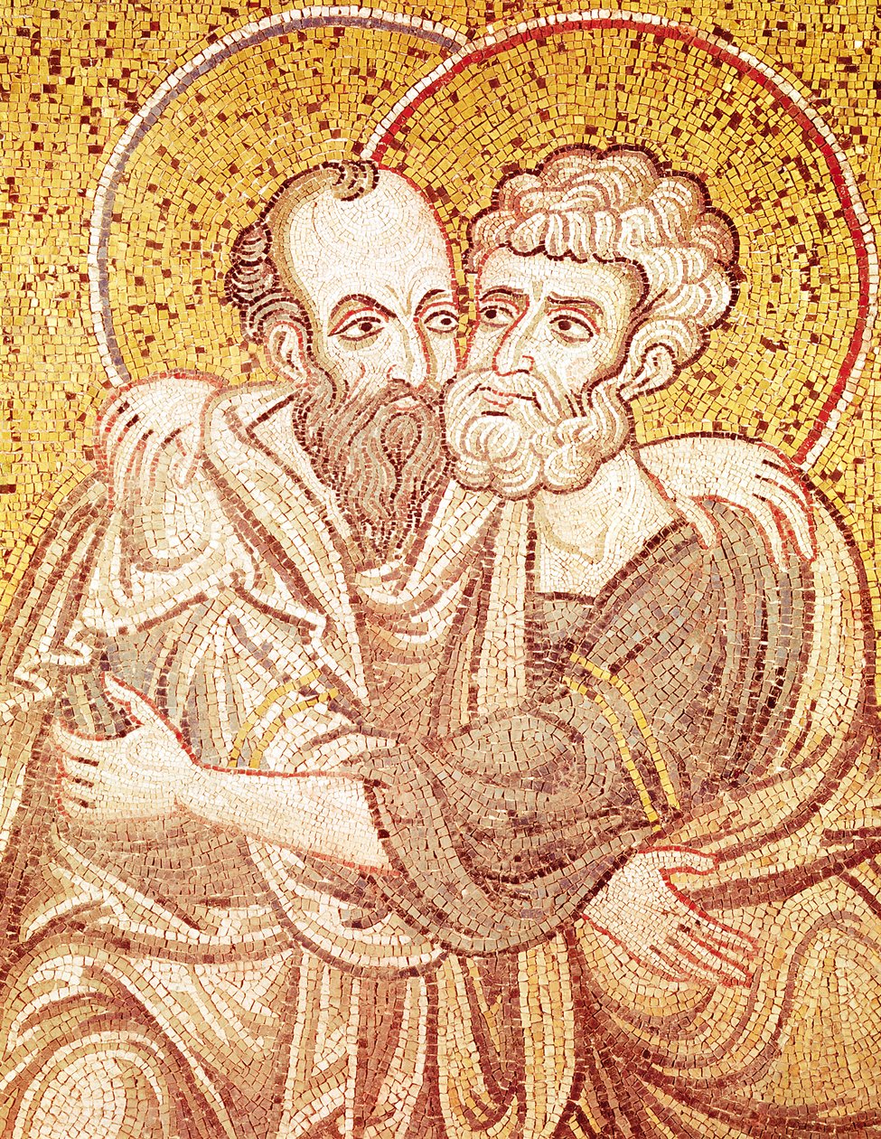 SS. Peter and Paul Embracing (mosaico) de Byzantine School