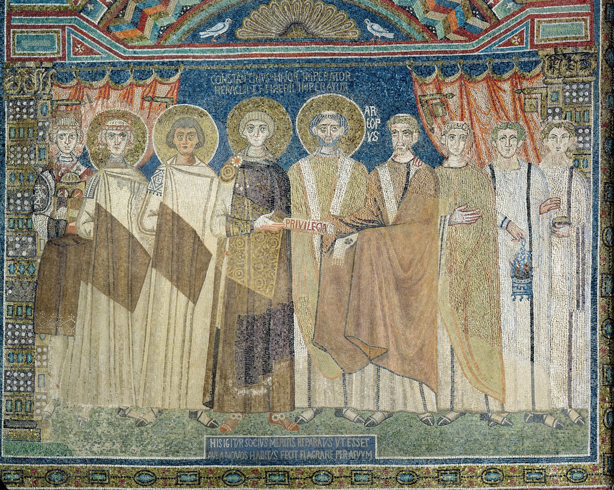 O Imperador Constantino IV concede imunidade fiscal ao Arcebispo de Ravenna (mosaico) de Byzantine School
