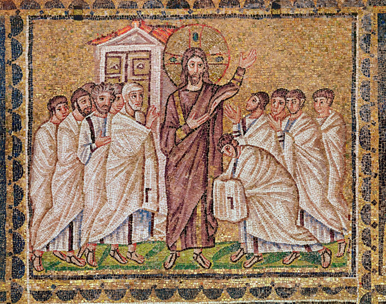 A Incredulidade de São Tomás, das Cenas da Vida de Cristo (mosaico) de Byzantine School