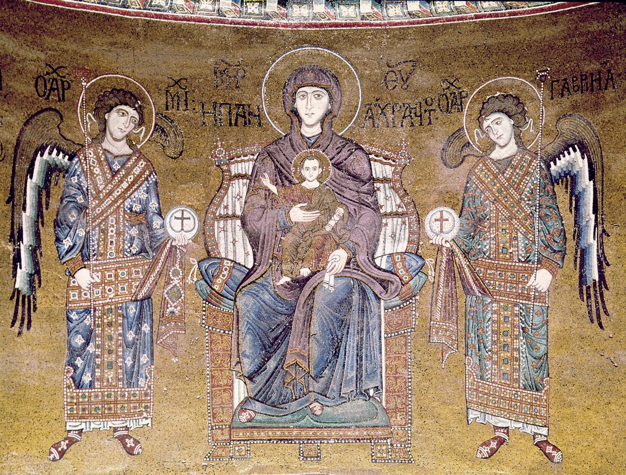 A Virgem e o Menino entronados entre dois anjos, da abside (mosaico) de Byzantine School