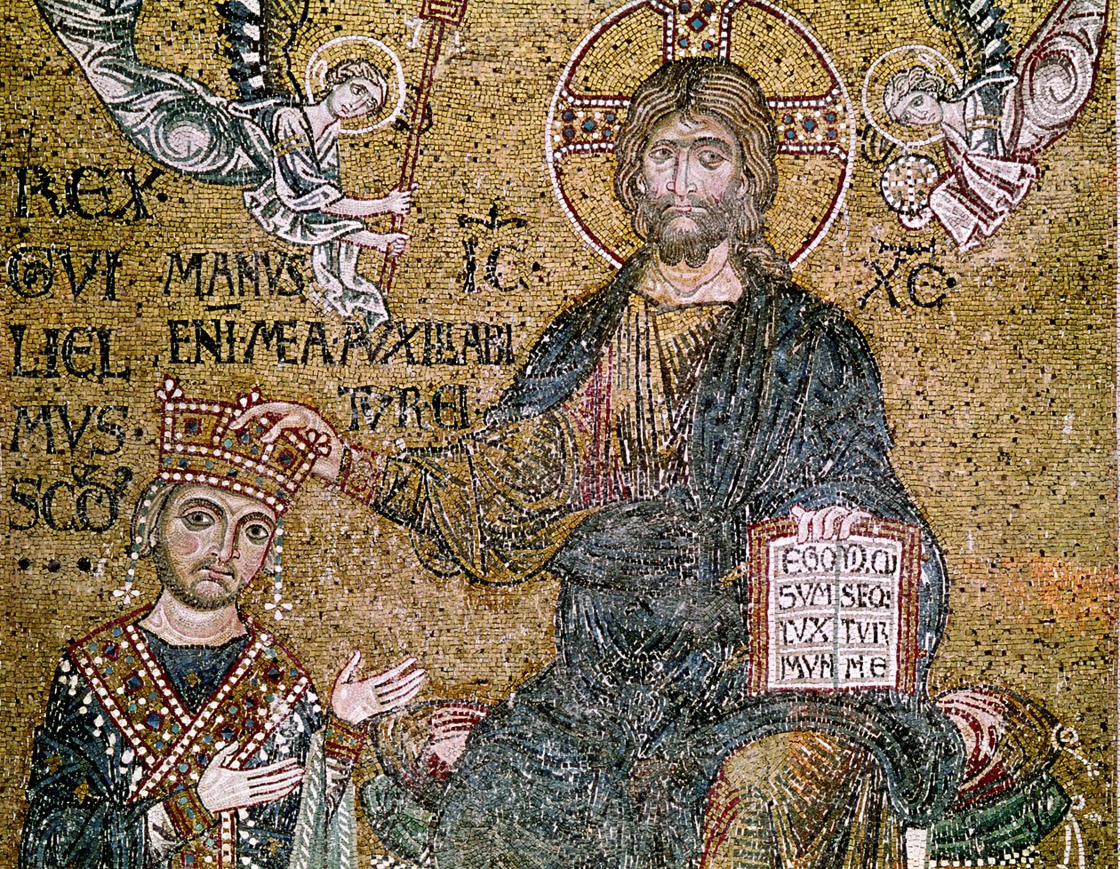 Guilherme II (1154-89) Rei da Sicília recebendo uma coroa de Cristo (mosaico) de Byzantine School