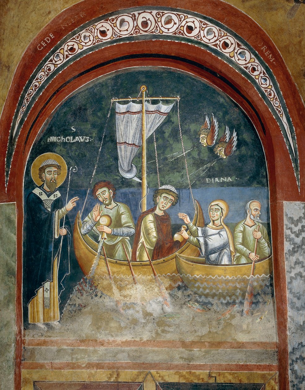 Aparição de São Nicolau aos náufragos, Detalhe das Histórias de vida de São Nicolau, Afrescos românicos em estilo bizantino, finais do século XI, Capela de São Eldrado e São Nicolau, Abadia de Novalesa, Piemonte, Itália de Byzantine