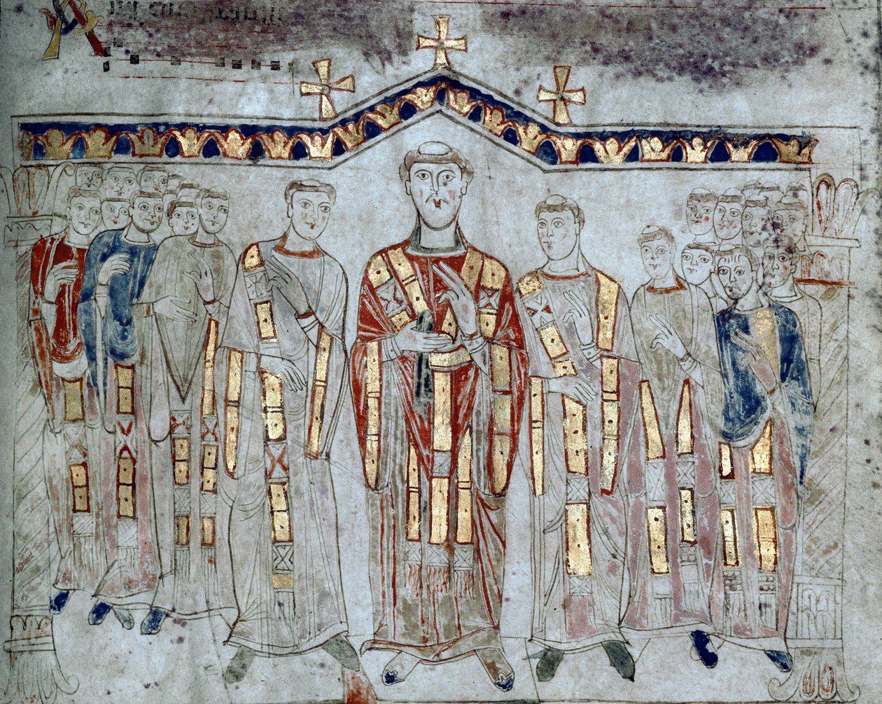 Arte Bizantina: "Assembléia do capítulo da Catedral de Gaete (Gaeta) composta por eveques e diáconos" Miniatura tirada do "Exultet" do início do século XI Museo Diocesano, GaETA de Byzantine
