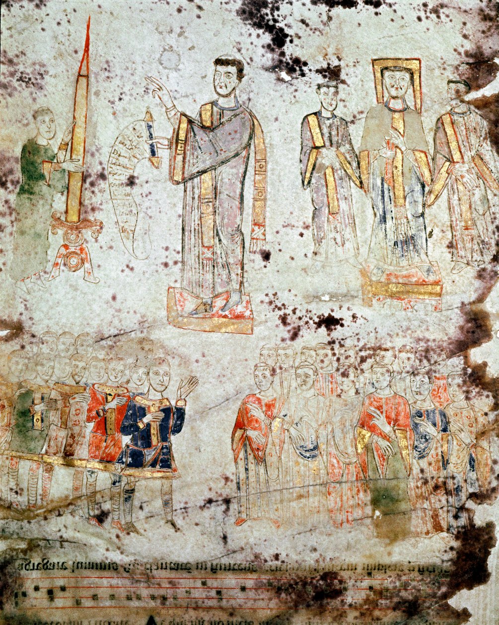 Arte Bizantina: "Cerimónia da bênção da vela pascal na presença do eveque, dos membros do clero e dos senhores (patricius) da cidade de Gaete (Gaeta) na Itália" Miniatura do "Exultet" do início do século XI Museo de Byzantine