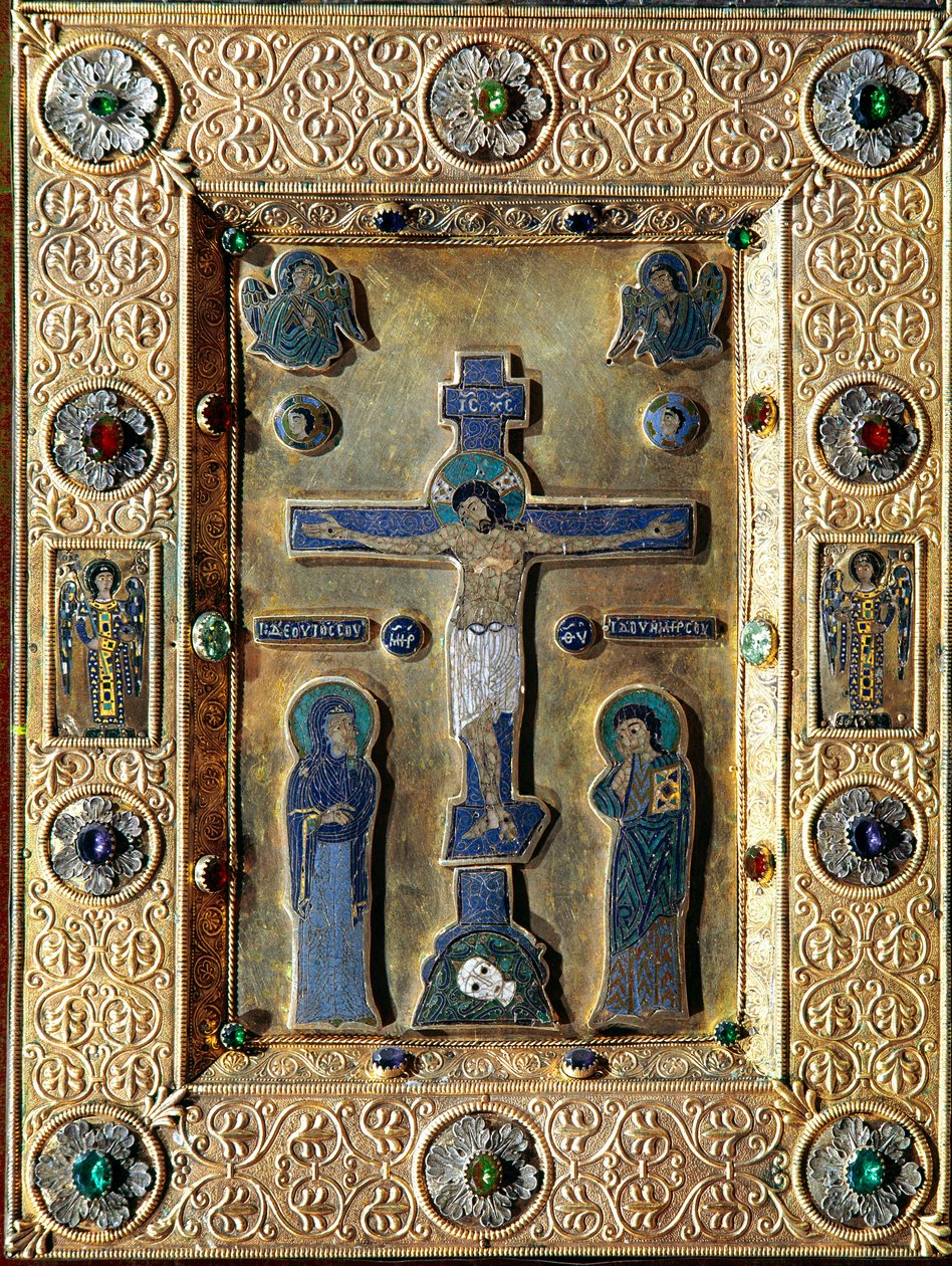 Arte Bizantina: Evangélico de ouro e esmalte decorado com folhas de ouro repele com crucifixo em filigrana representando a Virgem e São João. Século XII-XII Veneza tesoro de São Marco (tresor de São Marcos) de Byzantine
