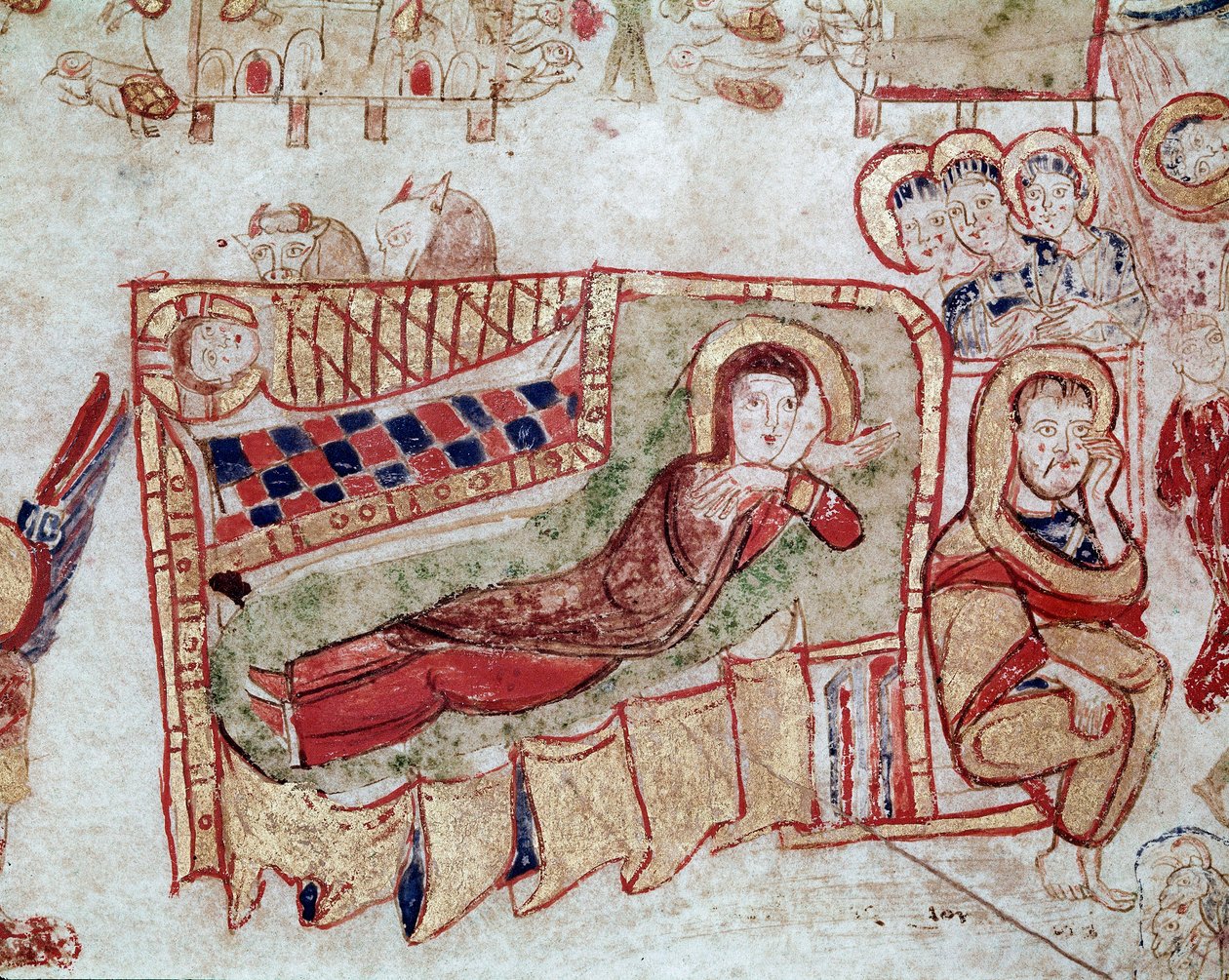 Arte Bizantina: "A Natividade e a Anunciação aos Pastores" Miniatura tirada do "Exultet" do início do século XI Museo Diocesano, Gaeta de Byzantine