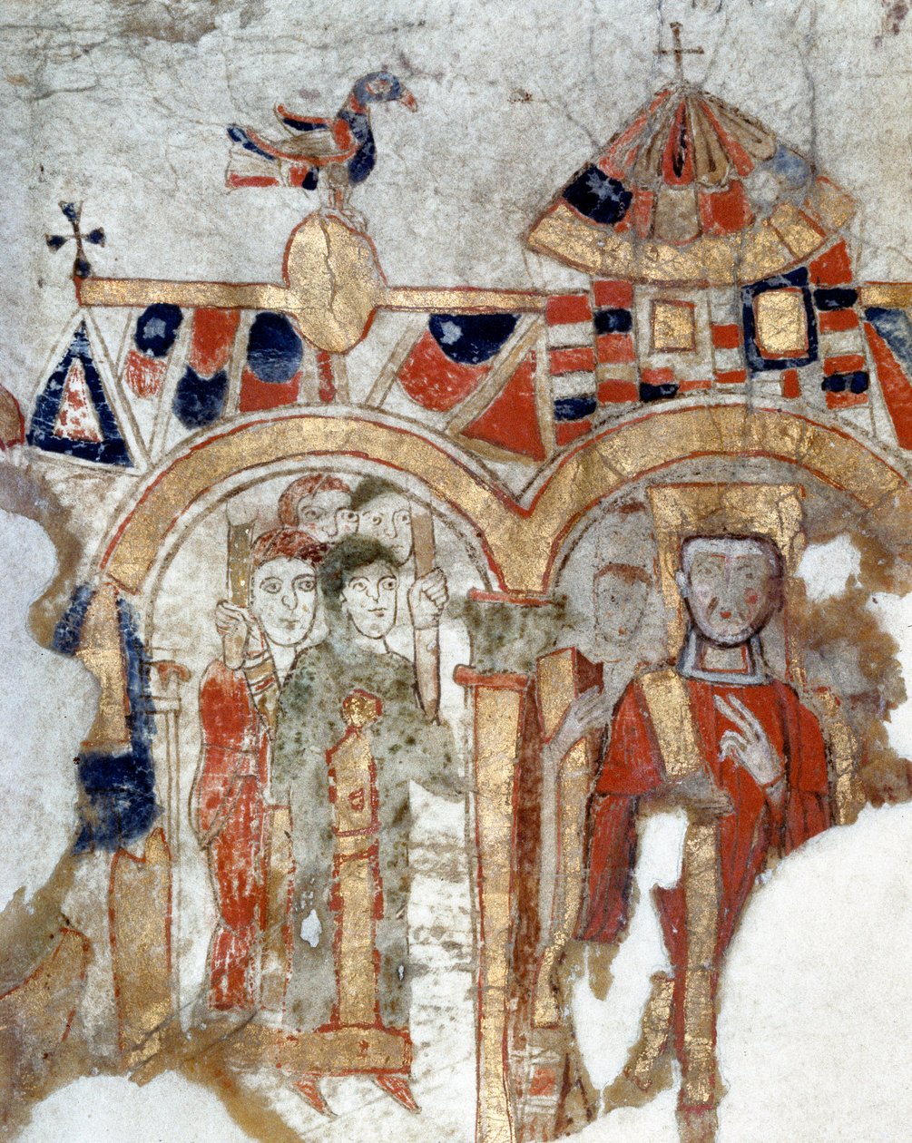 Arte bizantina: "Diácono e fideles durante uma procissão à igreja" Miniatura tirada do "Exultet" do início do século XI Museo Diocesano, Gaeta de Byzantine