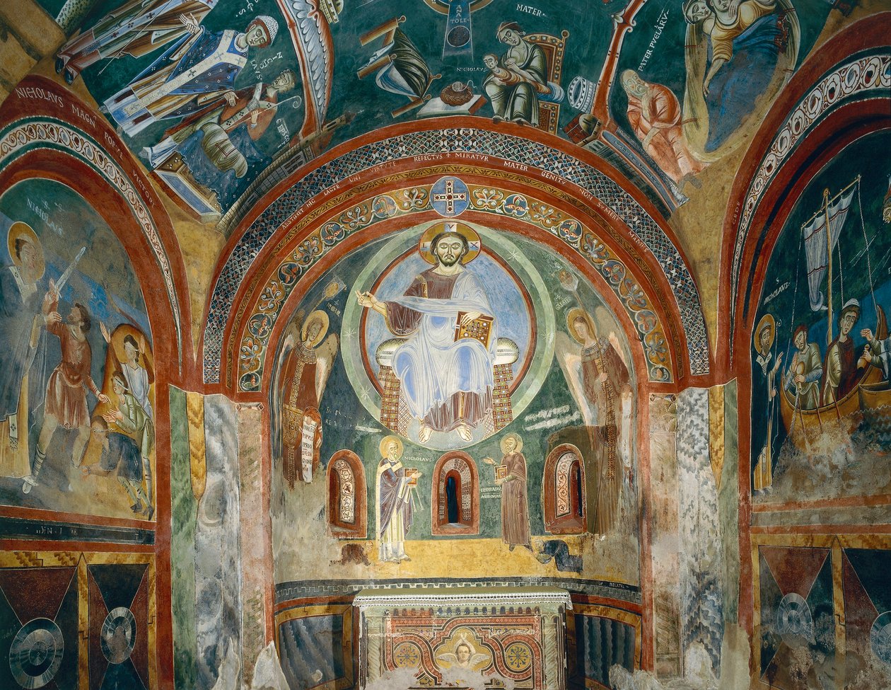 Capela de São Eldrado e São Nicolau com frescos românicos em estilo bizantino, final do século XI, Abadia de Novalesa, Piemonte, Itália de Byzantine