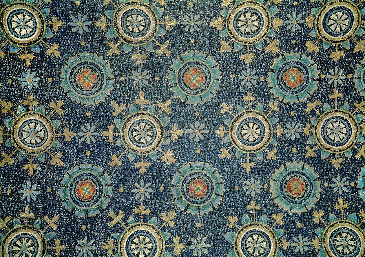 Detalhe da decoração floral do mosaico do cofre de Byzantine