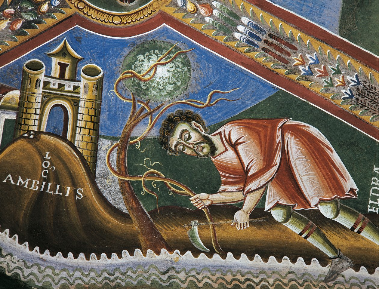 Eldrad terra de cultivo em Ambilly, Provença, Detalhe de Histórias de vida de São Eldrad, frescos românicos em estilo bizantino, finais do século XI, Capela de São Eldrad e São Nicolau, Abadia de Novalesa, Piemonte, Itália. de Byzantine