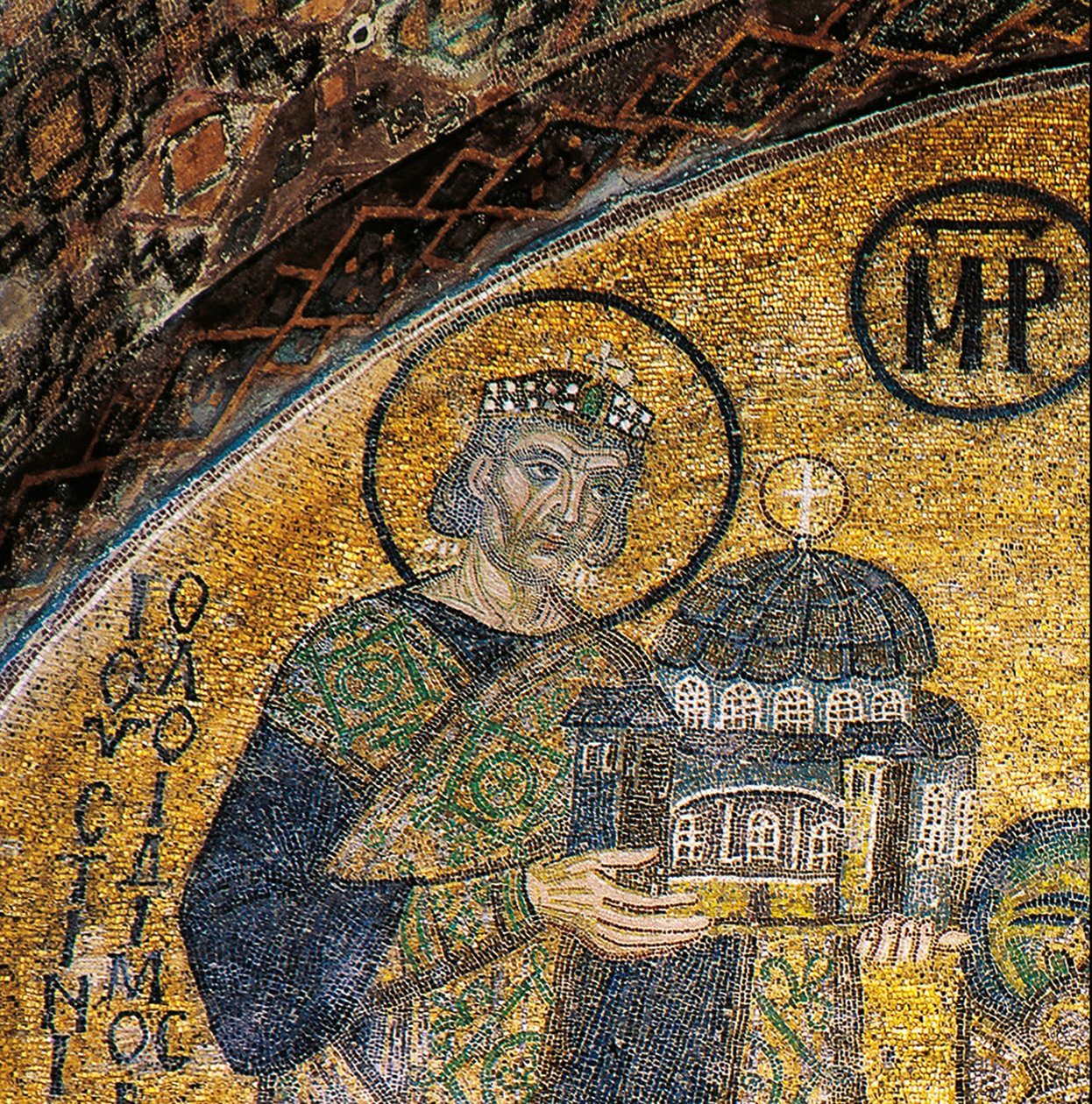 Imperador Justiniano apresenta Hagia Sofia à Virgem e à Criança (mosaico) de Byzantine