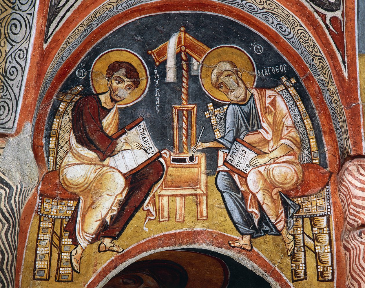 Evangelistas Mark e John escrevendo Evangelhos, Karanlik Kilise (Igreja das Trevas) (século 12-13), Goreme (Lista do Património Mundial da Unesco) de Byzantine