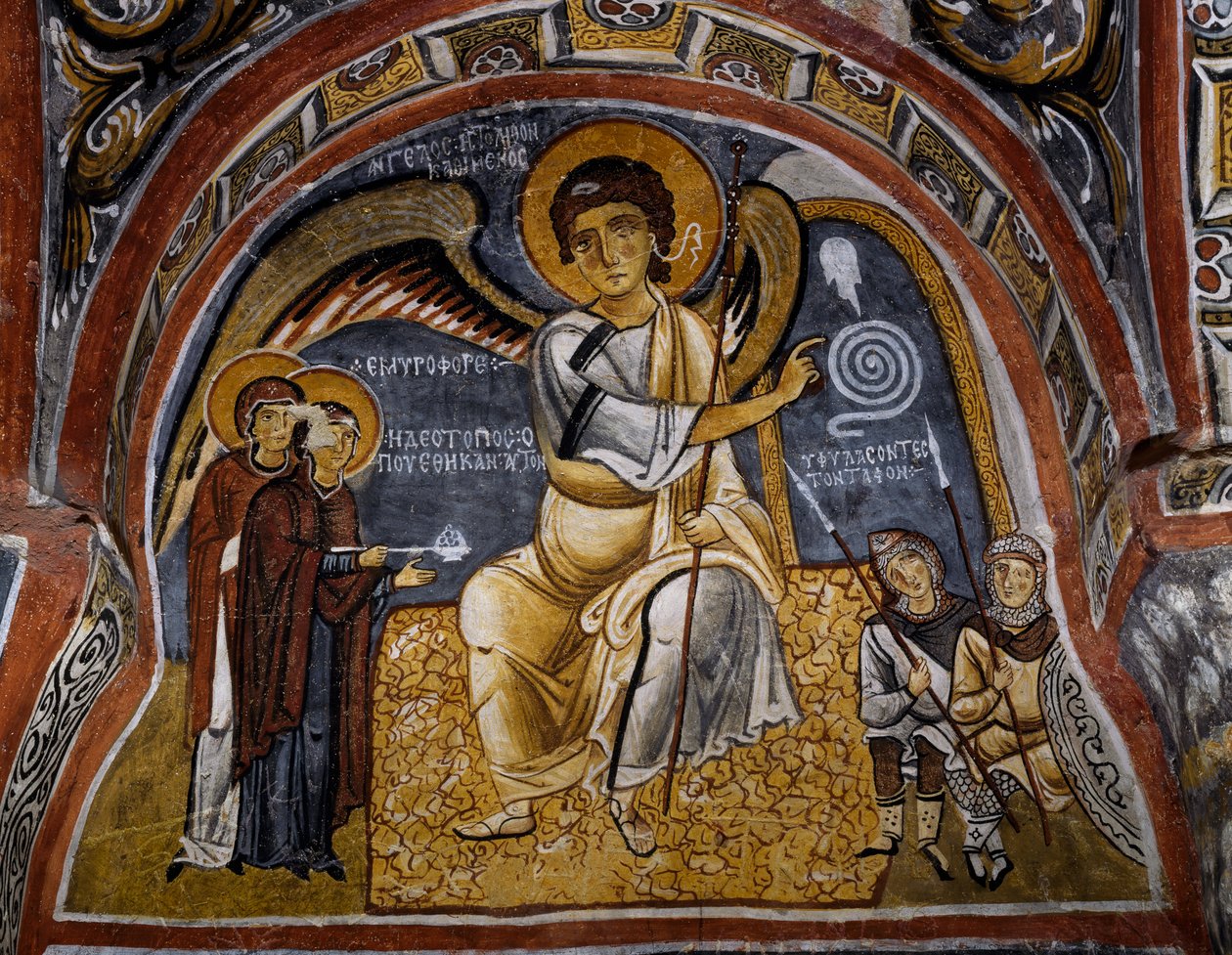 Mulheres santas no túmulo e aparecimento do Anjo, afresco bizantino (século XII), Karanlik Kilise (Igreja das Trevas) (século XII-13), Goreme (Lista do Património Mundial da Unesco) de Byzantine
