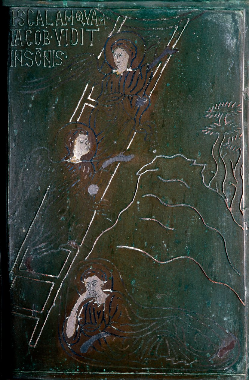 Jacob vê em sonho os anjos subindo e descendo a escala da porta de bronze feita em Constantinopla em 1076. Monte Sant 