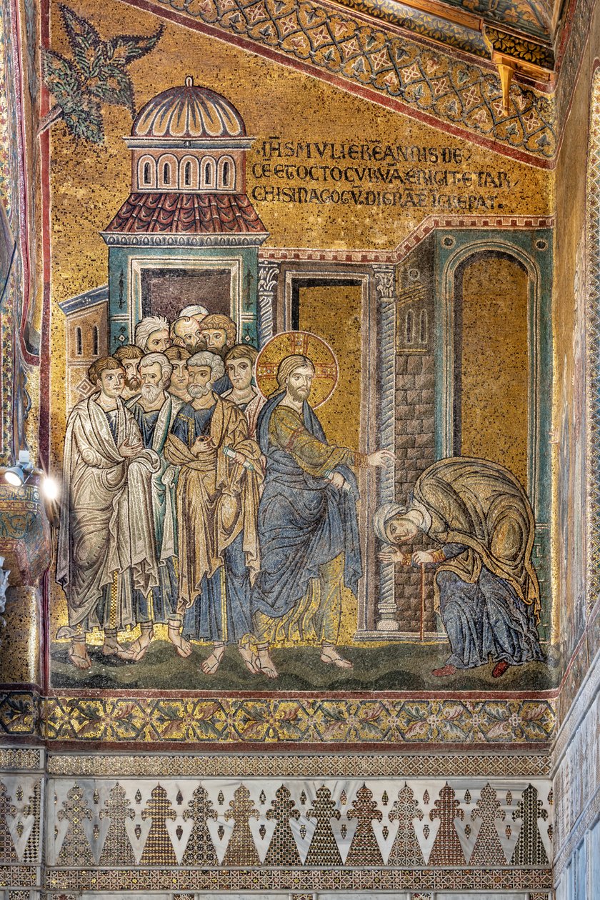 Jesus curando a mulher corcunda da sua corcunda, mosaico bizantino, Episódios da vida de Cristo, séculos XII-XIII (mosaico) de Byzantine
