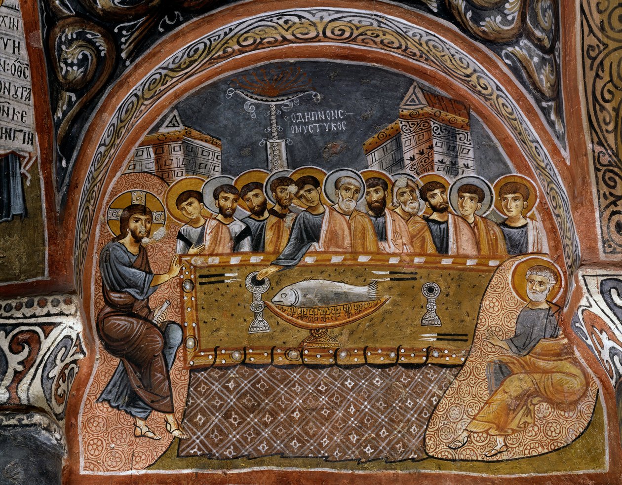 Última Ceia, Afresco Bizantino (século XII), Karanlik Kilise (Igreja das Trevas) (século XII-13), Goreme (Lista do Património Mundial da Unesco) de Byzantine