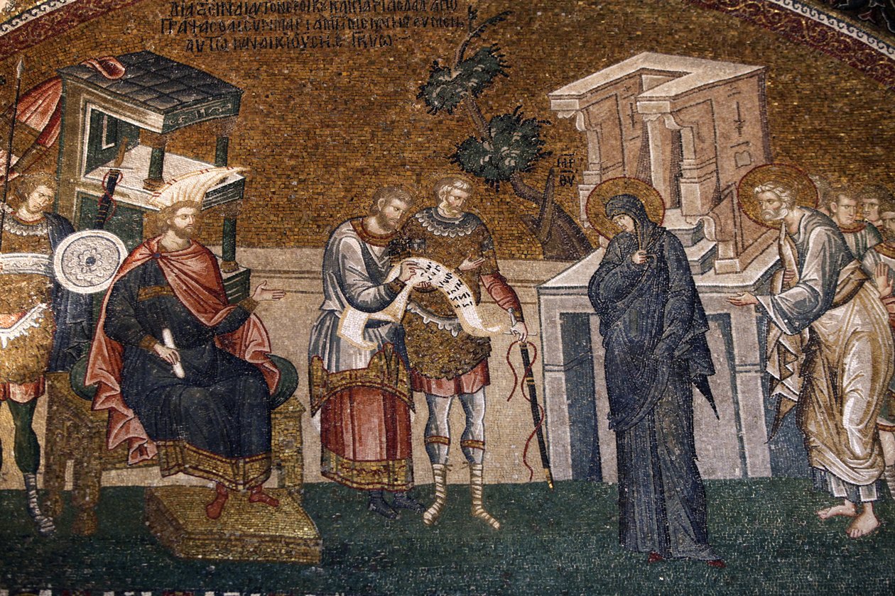 Maria e José antes de Cyremius se inscreverem para o imposto, com um guarda, um escriba e um oficial, c. Século XIV (mosaico) de Byzantine