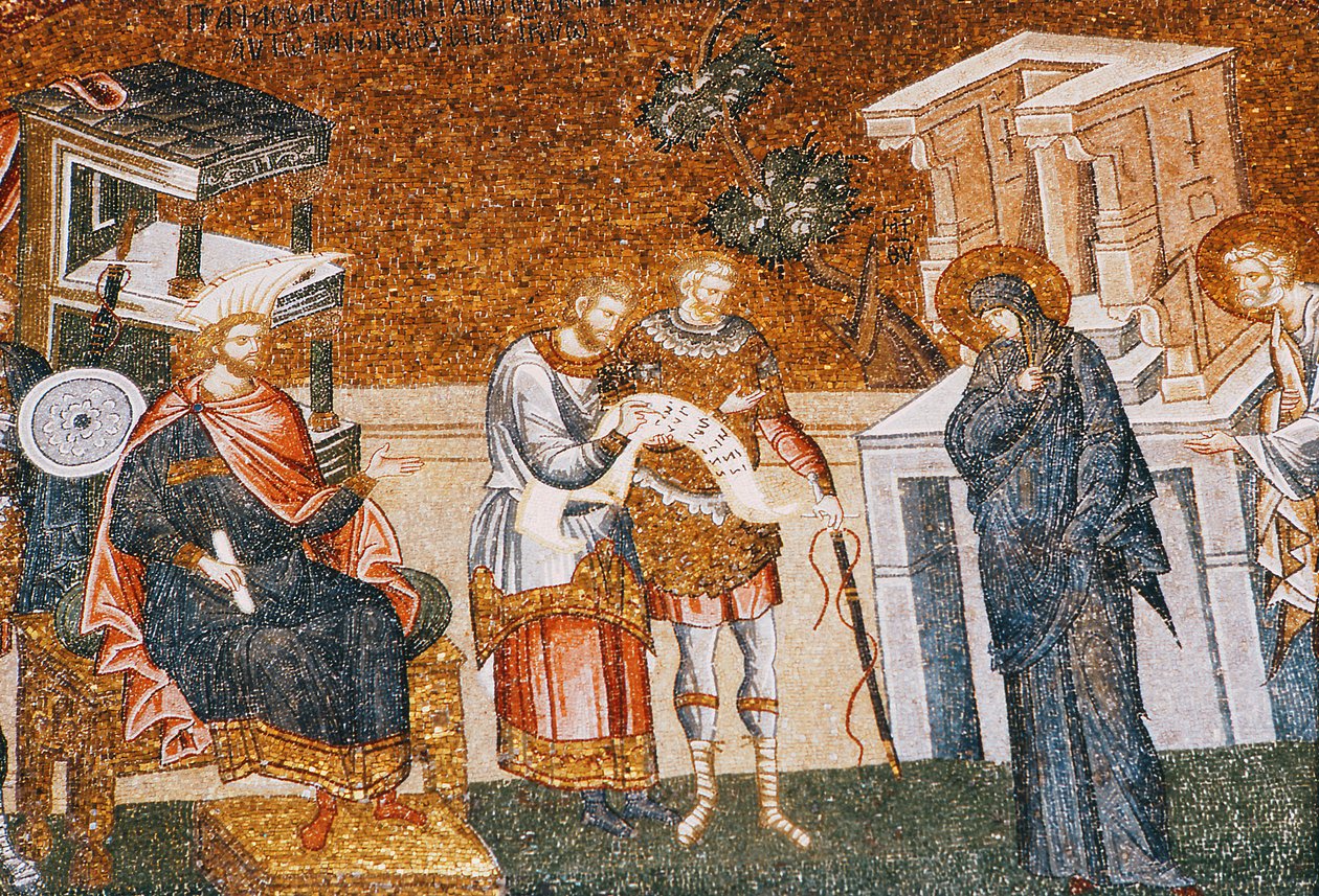 Maria e José antes de Cyremius se inscreverem para o imposto, com um guarda, um escriba e um oficial, c. século 14 (mosaico) (detalhe de 119636) de Byzantine