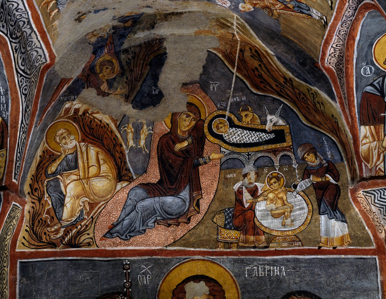 Natividade, Afresco bizantino (século XII), Karanlik Kilise (Igreja das Trevas) (século XII-13), Goreme (Lista do Património Mundial da Unesco) de Byzantine